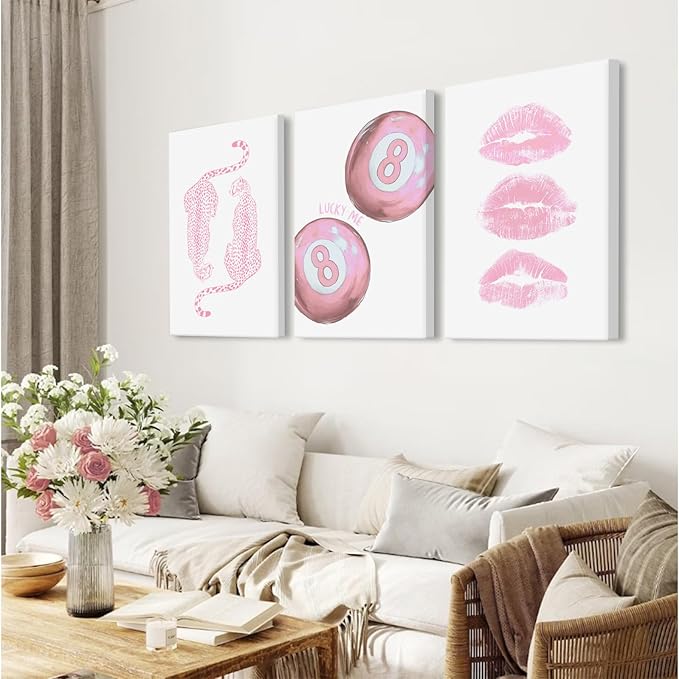 Pink Cheetah Wall Art Decor Trendy Leopard Prints Preppy Aesthetic Canvas Room Decor Y2k Leopard Wall Art 8 Ball Poster Coquette Funky Fashion Artwork for Girls Bedroom 12x16x3 Inch Wrapped Canvas