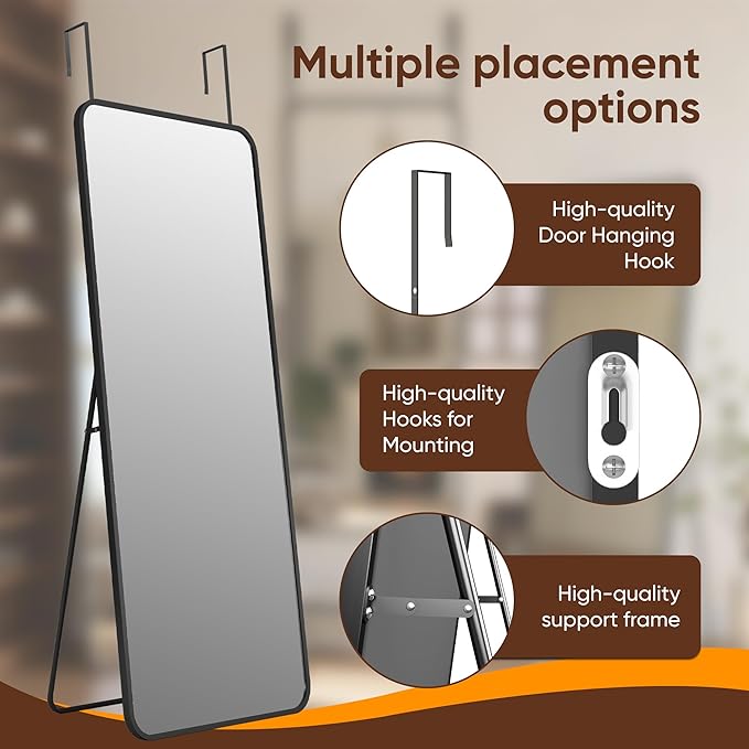 Antok 48''x 14'' Full Length Mirror Over Door, 4-in-1 Standing Leaning Wall Mounted, Adjustable Hanging Mirror for Bedroom Living Room, Black, Rounded Corner