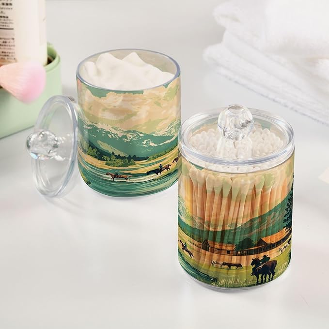 Nander 2Pack Western Style Cowboy Horseback Riding Qtip Holder Dispenser -Clear Plastic Apothecary Jars Set - Restroom Bathroom Makeup Organizers Containers for Cotton Swab, Ball, Pads, Floss
