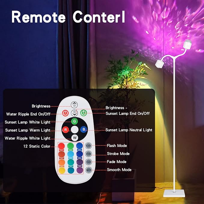 Sunset Lamp Projector Led Lights 3D Ocean Wave with Remote, 16 Colors Night Light 720° Rotation & Four Mode with American Standard Plug, Modern Floor Stand Night Light for Bedroom (White Double-End)