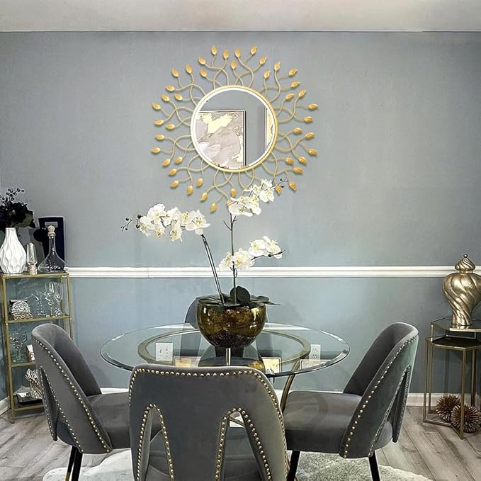 Chende 32" x 32" Large Mirror for Living Room Decor, Round Wall Mirror with Metal Leaves, Beveled Decorative Mirror for Entryway, Dining Room, Bedroom