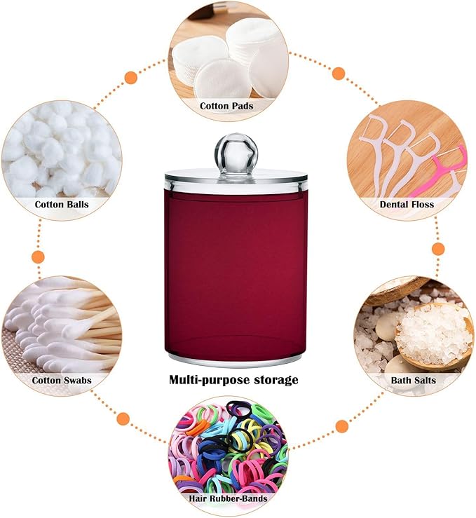 Burgundy Red Solid Color 2 Pack Qtip Holder Dispenser Clear Plastic Apothecary Jar with Lid Bathroom Organizer Vanity Makeup Storage Containers for Cotton Ball, Cotton Swab, Floss