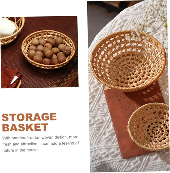 IMIKEYA 3pcs Multi-function Woven Fruit Basket Decorative Storage Tray for Kitchen Counter Entryway Dining Table Natural Rattan Design for Snacks Bread and Household Items