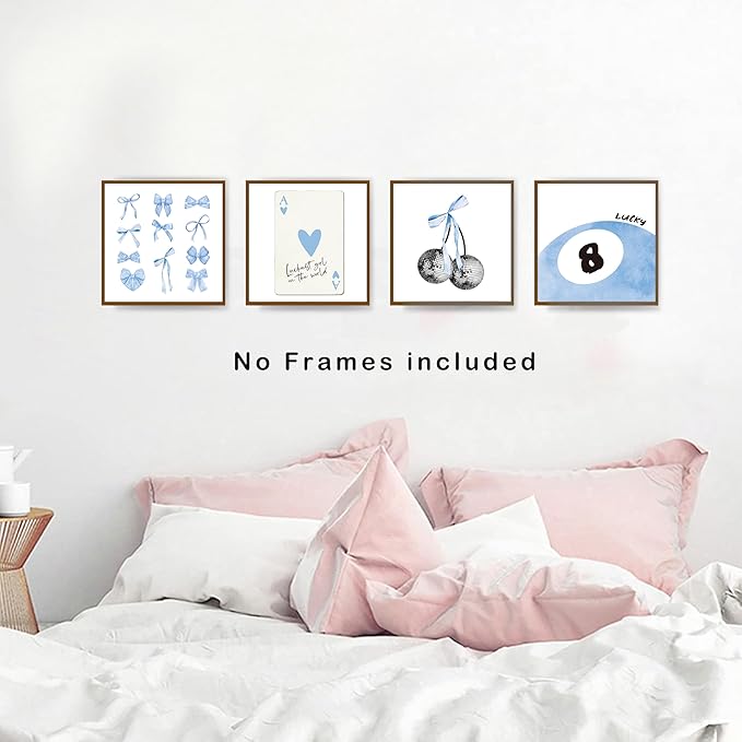 okaxscm Light Blue Coquette Trendy Preppy Wall Art Prints Set of 4, Coquette Preppy Room Decor, Blue Bow Disco 8 Ball Cherry Wall Decor Posters for Girls Bedroom Dorm, 10x10 Unframed