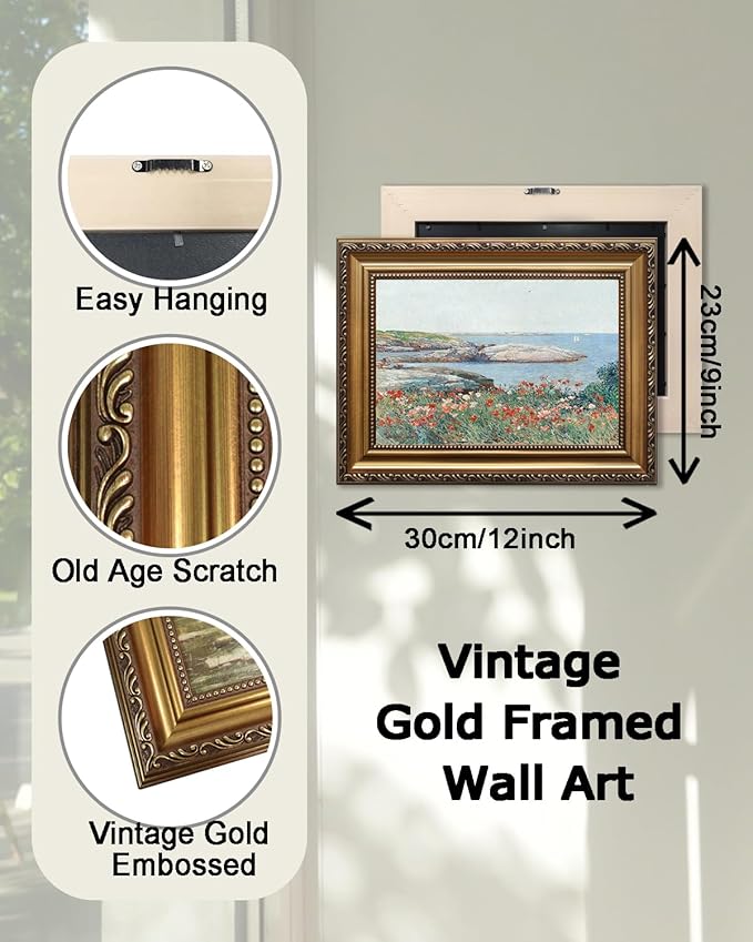 KBKBART Vintage Framed Wall Art for Living Room, Vintage French Coastal SeaScape Canvas Art Prints Farmhouse Decor, Country Wildflower Landscape Painting, Gold Framed Spring Flower Wall Art for Bathroom Bedroom Gallery, 9"x12"
