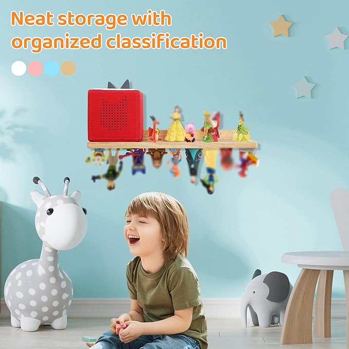 PHOENANCEE for Tonies Shelf Magnetic,for Tonie Figures Wall Shelves,for Toniebox Shelf Audio Toy Figurine Holder Organizer (Storage 36 Character),Compatible Charging Station for Kid's Room,Oak,1 Tier