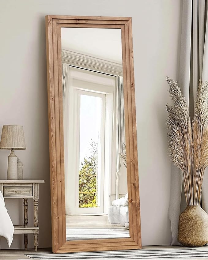Full Length Mirror 65"x24" Solid Wood Frame Floor Large Mirror for Living Room, Bedroom Hanging or Leaning Wall-Mounted, Light Brown