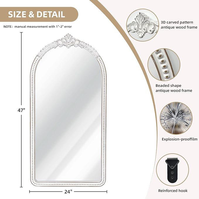 Farmhouse Full Length Mirror - 47x24 Inches Antique White Baroque Wooden Arched Wall Mirror, Vintage Ornate Beaded Decorative Mirror for Mantel, Living Room, Bedroom