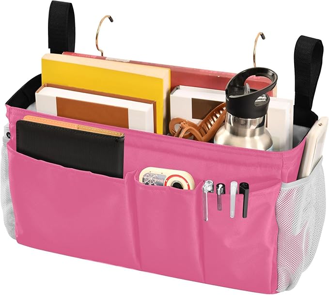 Neon Rose Red Bedside Caddy Storage Bag Bedside Organizer for Dorm Room Top Bunk Bed Hanging Bag Bedside Shelf 6 Pockets with Hooks for Magazine Water Bottle Holder