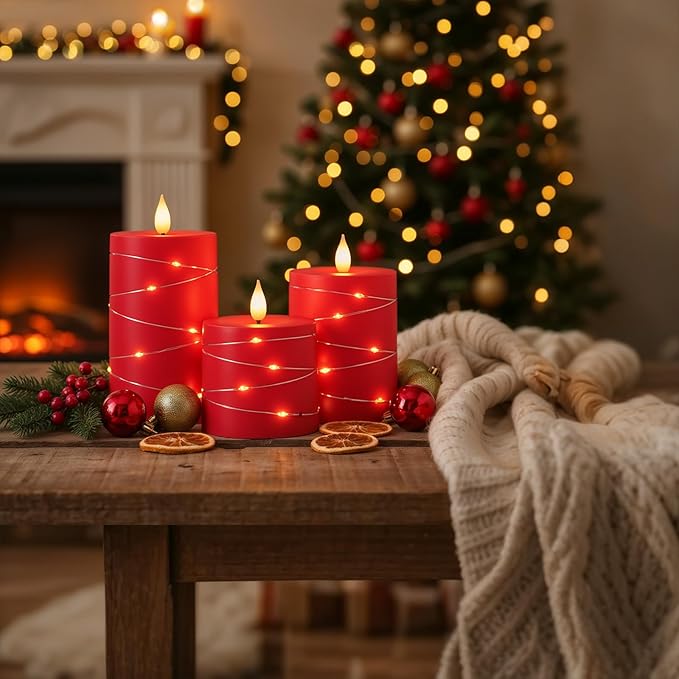 Raycare Flameless Candles with Remote Timer, Flickering Battery Operated LED Pillar Fake Candle with String Lights for Home Decor, Christmas, Wedding and Gift, Red, Set of 3