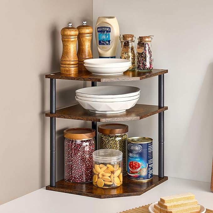 Wooden 3-Tier Corner Shelf, Kitchen Countertop Dish & Bread Organizer Counter Stand Storage for Desktop Bedroom Bathroom Small Space Counter Decor