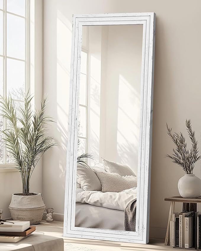Full Length Mirror 65"x22" with Stand Solid Wood Frame Floor Large Mirror for Living Room, Bedroom Hanging Standing or Leaning Wall-Mounted, White