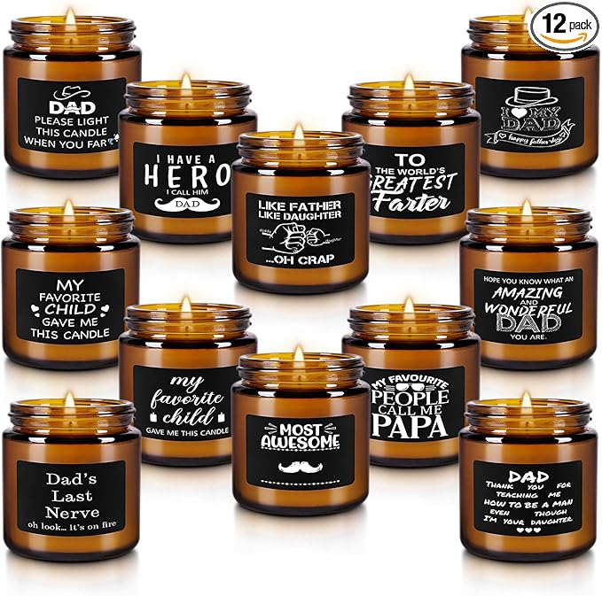 12-Pack Amber Jar Scented Candles, 3.5oz, Natural Soy Wax and Premium Essential Oils. Gift for Father’s Day, Ideal for Study Home & Office Aromatherapy.