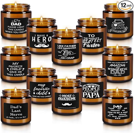 12-Pack Amber Jar Scented Candles, 3.5oz, Natural Soy Wax and Premium Essential Oils. Gift for Father’s Day, Ideal for Study Home & Office Aromatherapy.