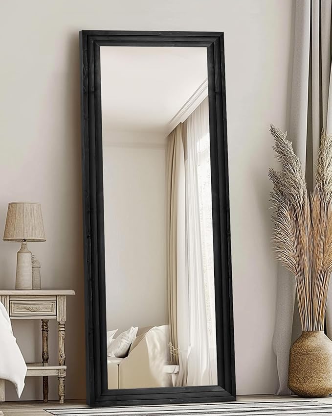 Full Length Mirror 65"x22" with Stand Solid Wood Frame Floor Large Mirror for Living Room, Bedroom Hanging Standing or Leaning Wall-Mounted, New Black