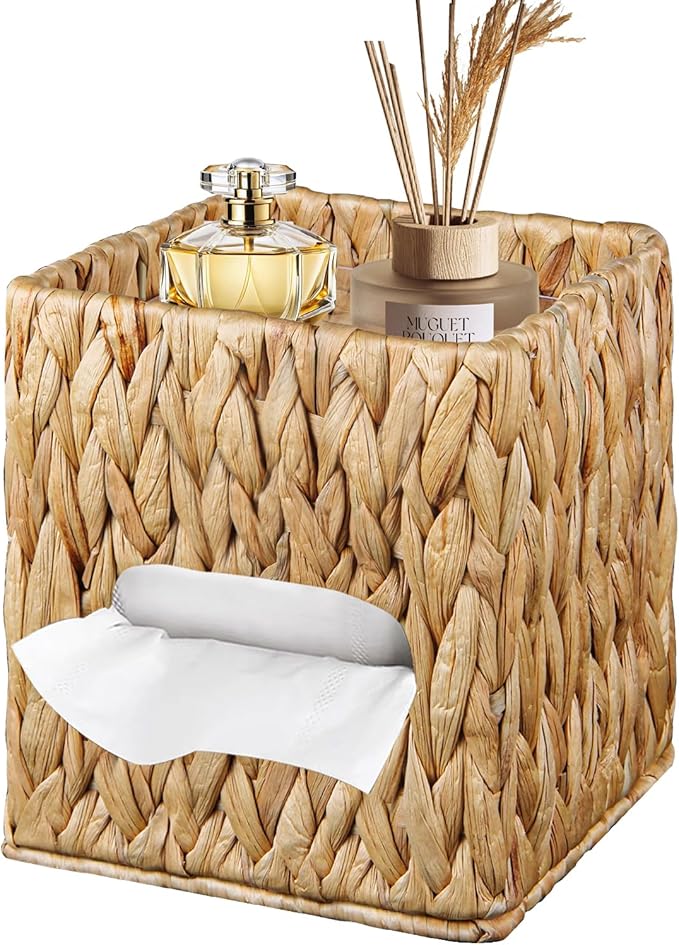 BIBELUN Woven Tissue Box Cover Square with Storage Tray, Water Hyacinth Tissues Cube Box Holder, Farmhouse Wicker Facial Tissue Dispenser Organizer for Bathroom, Countertop, Vanity, Nightstand, Decor