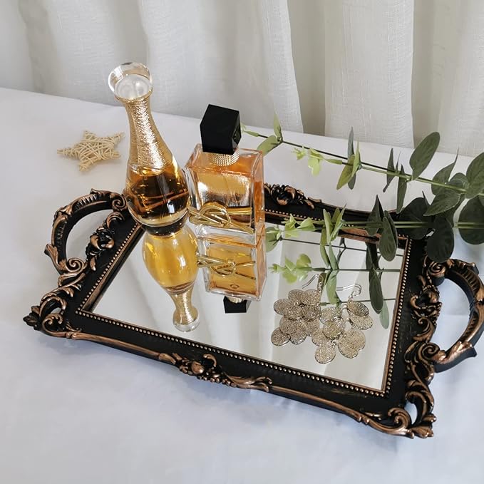 Small Rectangle Decorative Mirror Tray, French Style, Makeup Organizer, Jewelry Organizer, Serving Tray, 13"x 7.8", Black