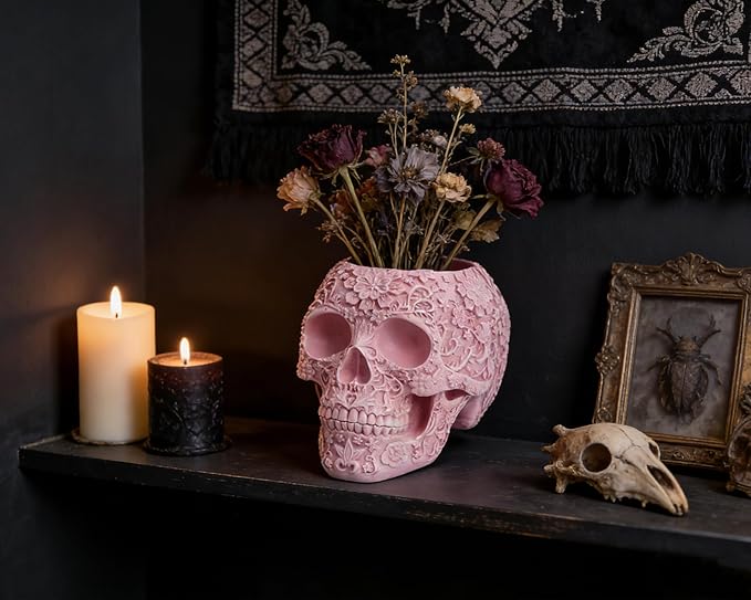 Skull Bowl Decorative Skull Vase Makeup Brush Pen Holder Organizer Dresser Gothic Table Organizer Decoration, Pink Skull Pot Enthusiasts Gifts