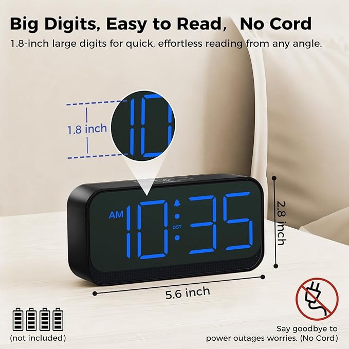 Acedeck Battery Operated Digital Clock: Cordless Small Alarm Clock for Bedroom Travel - Large Numbers 4 Dimmers for All Ages Blue Digits