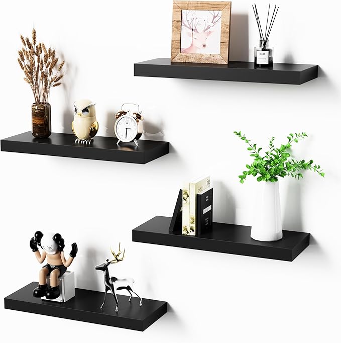 Bellsal Floating Shelves for Wall, Black Engineered Wood Wall Shelf Set of 4, 16" Walls Mounted Floating Shelf for Kitchen, Living Room, Bedroom, Bathroom Storage, Book Shelf for Home Decor