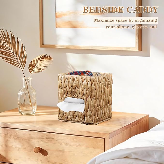BIBELUN Woven Tissue Box Cover Square with Storage Tray, Water Hyacinth Tissues Cube Box Holder, Farmhouse Wicker Facial Tissue Dispenser Organizer for Bathroom, Countertop, Vanity, Nightstand, Decor