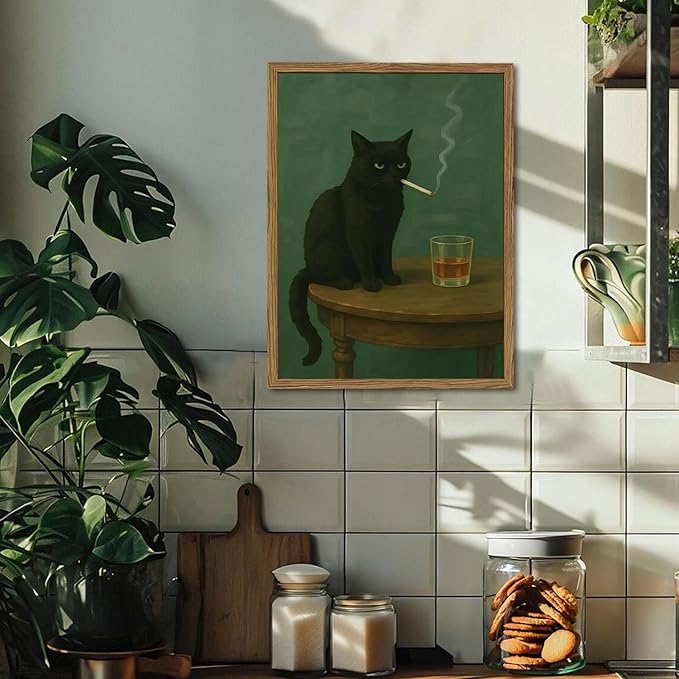 Moody Black Cat Wall Art, Funny Smoking Cat with Whiskey Wall Decor Painting Dark Humor Animal Bar Cart Poster Canvas Prints for Living Room Bedroom 16x24 inch Wood Framed