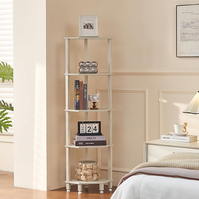 YUFAM 5-Tier Corner Shelf with Sturdy 5-Leg Base, 52in Tall Narrow Bookcase for Small Spaces, Wooden Plant Display Shelf, Thin Bookshelf for Living Room, Bedroom, Office, Grey White