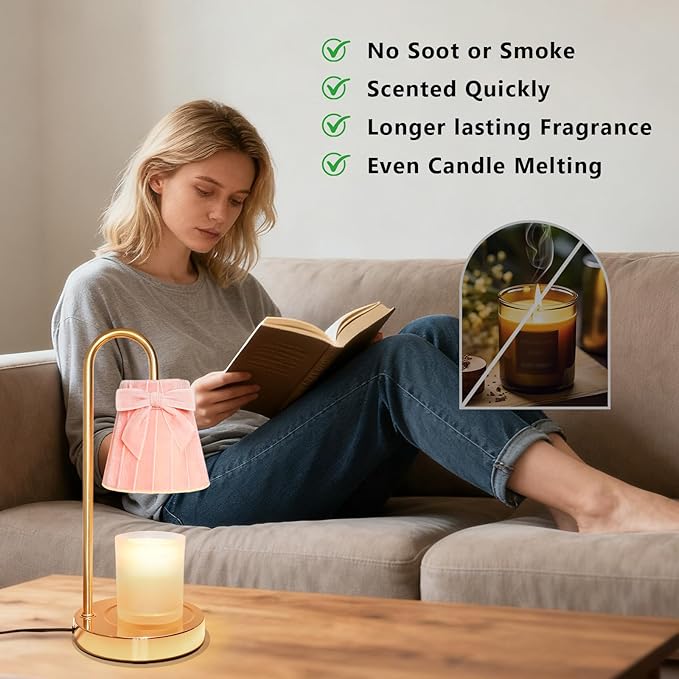 Crystal Club Candle Warmer Lamp with Timer, Dimmable Wax Warmer with Adjustable Brightness, Velvet Lampshade & Bow Design, Gifts for Women Men, Candle Light for Modern Home Decor