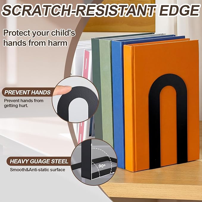 Chunful 6 Pcs Black Modern Metal Book Ends for Shelves Decorative Small Bookends Book Shelf Organizer Minimalist Design Stopper to Hold Books for Home Office (7.5 * 5.75 * 3.5inch)