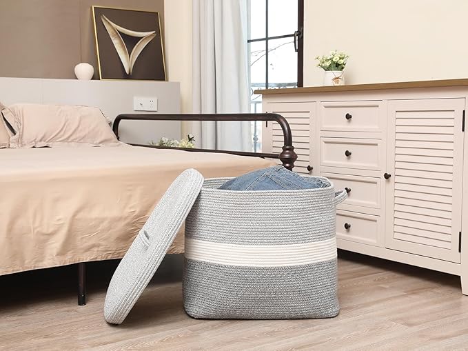 22"x14"x18" Rectangular Extra Large Storage Basket With Lid, Large Cotton Rope Storage Basket, Woven Laundry Hamper, Cloth Storage Bin, for Clothes Towels Blankets in Living Room, Dual Grey