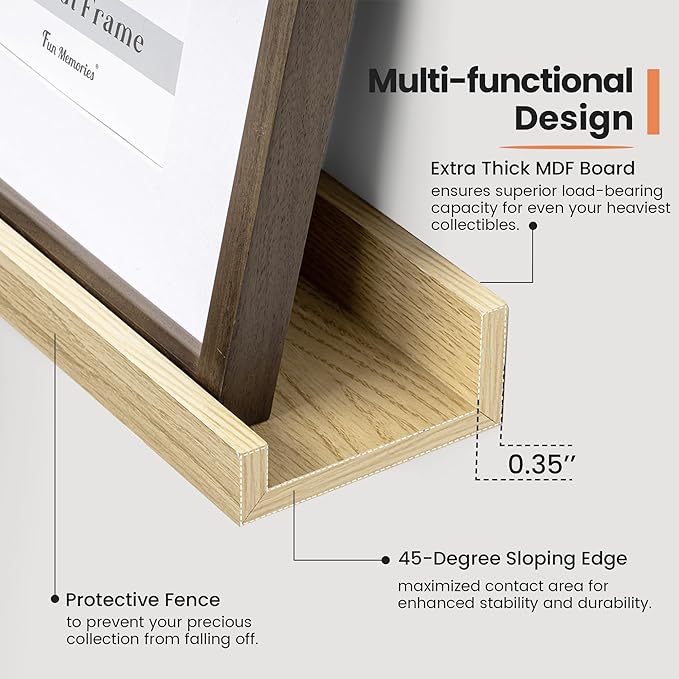 Fun Memories Picture Ledge Shelf, 16 Inch Long Floating Shelves Set of 6, Picture Shelf for Wall with Lip, Large Nursery Book Shelves for Storage, Wall Shelves for Living Room Bedroom Kitchen, Oak