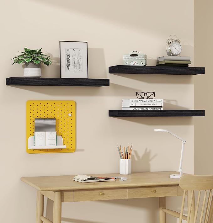 Vervida Black Floating Shelves for Wall, 24" Rustic Wood Deep Wall Mounted Shelves with Invisible Brackets for Decor & Storage, Floating Shelf for Living Room, Bathroom (Set of 3)