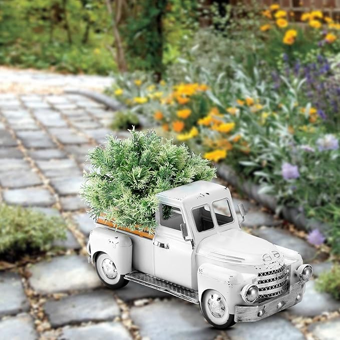 Farmhouse White Truck Decor, Vintage Metal Rustic Outdoor/Indoor Pickup Planter, Decorative Tabletop Storage, Farm Table Car Model Gift