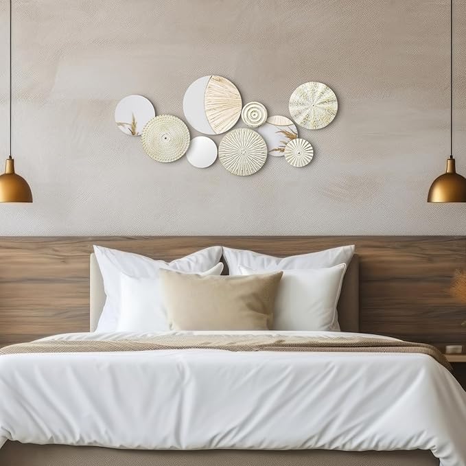 Blulu 9 Pcs White Gold Mirror Wall Decor Metal Round Home Art Decor Decorative Modern Circle Mirror Wall Art Sculpture Hanging Decorations for Home Living Room Office
