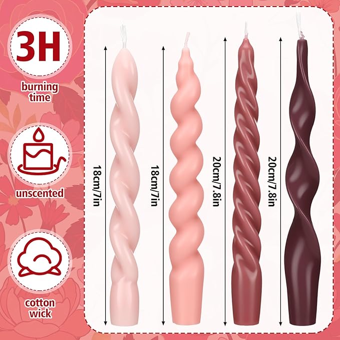 Nuanchu 4 Pcs Twisted Taper Candles Wax Unscented Smokeless Spiral Swirl Candlesticks for Wedding Holiday Dinner Party Home Decorations(7.87 Inch,Pure,Purple)