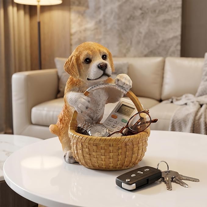 Cute Golden Retriever Candy Bowl, Resin Dog Figurine Key Bowl for Entryway Table, Desktop Storage Basket Organizer for Desk, Unique Dog Lover Gift