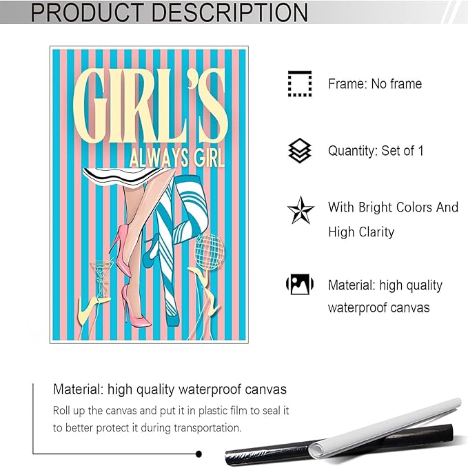 Trendy Always Girls High Heels Poster Funny Cocktail Disco Ball Canvas Wall Art Preppy Blue And Pink Stripes Feminine Girly Prints Painting For Living Room Bedroom Wall Decor 12x16in Unframed