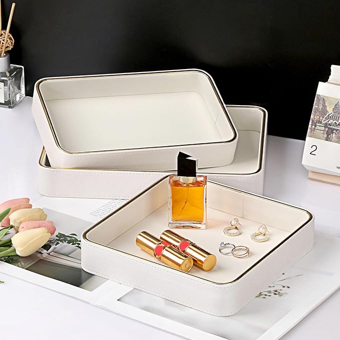 Hipiwe Perfume Tray Valet Tray Night Stand Bedside Organizer Perfume Organizer Catchall Trays PU Leather Bathroom Vanity Tray for Dresser Countertop Perfume Holder Women