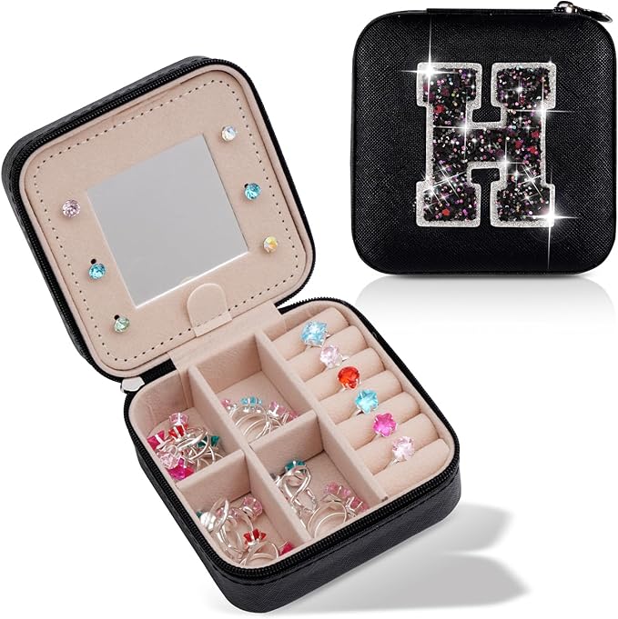 Uygafly Monogrammed Gifts for Women - Jewelry Case for Women Trendy Jewelry Box Fashion Cute Jewelry Organizers and Storage Aesthetic,Travel Essentials Birthday Gifts for Girls Women | Black,H