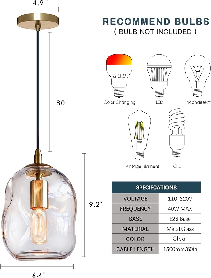 CASAMOTION Glass Pendant Light Gold and Clear Organic Globe Ceiling Hanging Fixtures Modern Industrial Ambient Lighting Over Kitchen Island Sink Bar Counter Porch Small Medium Lamp 8 Inch H
