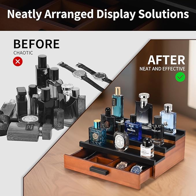 Perfume Organizer for Men, 3 Tier Wood Perfume Display Stand with Velvet Lining Drawer and Hidden Compartment for Watch,Jewelry,Perfume Display Risers,A Gift for Men (Black+Walnut)