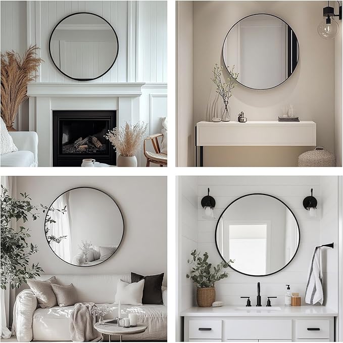 Oruii Round Mirror, Black Round Mirror 26 inch, Circle Wall Mounted Mirrors for Bathroom, Living Room, Bedroom, Vanity, Entryway, Hallway, Rustic