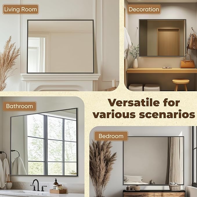 Antok 24x32 Black Metal Framed Bathroom Mirror, Wall Mirror with Rect Corners, Vanity Mirror for Over Sink, Anti-Rust Tempered Glass, Horizontal/Vertical Hanging for Bathroom, Living Room, Entryway