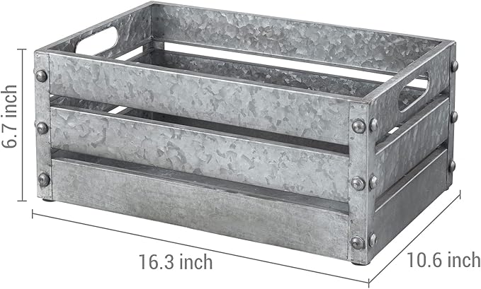 MyGift 16-inch Rustic Silver Galvanized Metal Storage Crate Display Box with Vintage Corner Studs & Handles