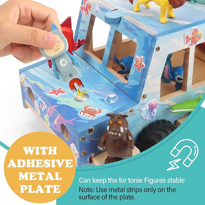 Ocean Theme Car for Tonies Box Shelf Storage for Toniebox 1/2 Player Tonies Figures Characters for Children with 35Pcs DIY Adhesive Metal Plate & 3 Ocean Animal Stickers, Rolling Display & Storage