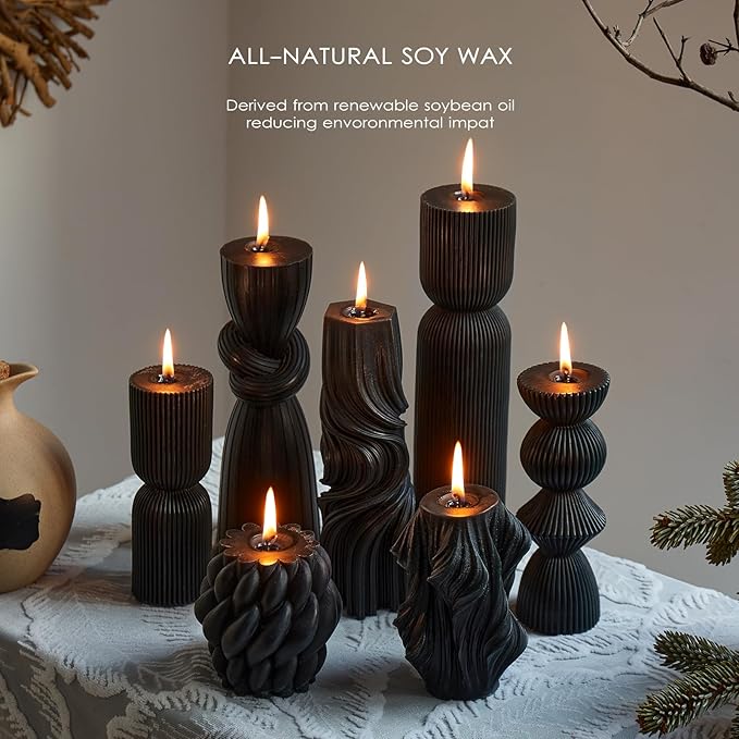 7-Pack Pillar Candles - Soy Wax Handmade Ribbed Candles for Home Decor, Housewarming Gift, Shelf & Table Decor - Aesthetic Modern Candles Set (Black)