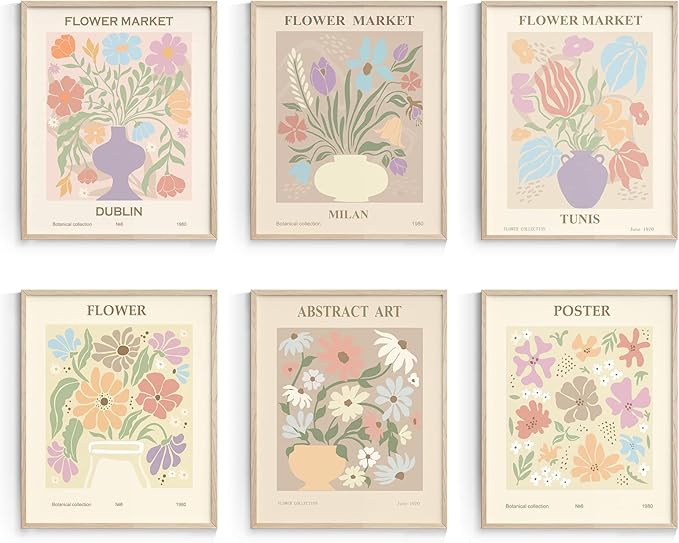 Habseligkeit Danish Pastel Wall Art Prints, Flower Market Retro Posters, Vintage Floral Art Prints, Cute Matisse Room Decor Aesthetic for Bedroom Wall Decor（11x14inch, Unframed