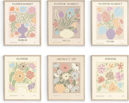 Habseligkeit Danish Pastel Wall Art Prints, Flower Market Retro Posters, Vintage Floral Art Prints, Cute Matisse Room Decor Aesthetic for Bedroom Wall Decor（8x10inch, Unframed