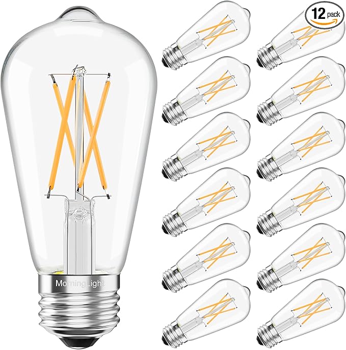 MorningLight 12 Pack Dimmable Vintage LED Edison Bulbs 60Watt, E26 LED Edison Bulbs 60 Watt Warm White 2700K, ST58 Antique Decorative Filament Bulb 6W for Farmhouse Pendant, Porch Lights, 600LM