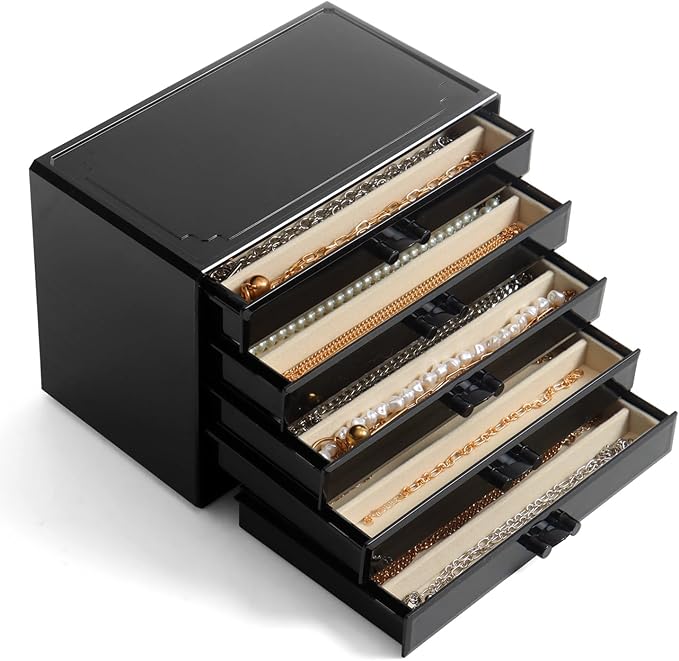 YUFONG Necklace Holder Organizer, Dustproof Necklace Box Velvet Necklace Organizer Box with Lid Clear Acrylic Dustproof Stackable Jewelry Displays for Necklaces Chain Display (Black Beige, 5 Drawer)